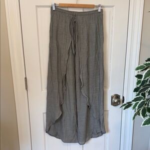 Flowing Wide Leg Palazzo Pants - Gray Linen Blend - Wrap Style with Slit Legs